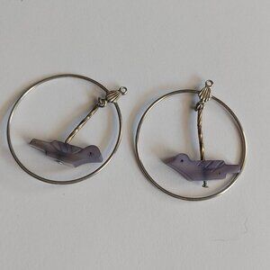 Native American Sterling Fetish Mother Of Pearl Birds Silver Hoop Earings